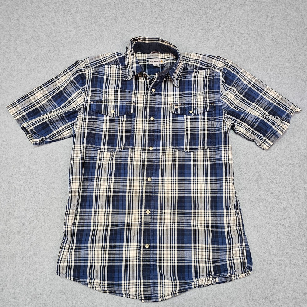 Carhartt Pearl Snap Shirt Mens Medium Blue Yellow Western Workwear‎ Relaxed Fit